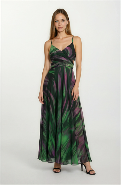 Raccosta V Yaka Yırtmaçlı Bel Yanlar Açık Uzun Abiye Elbise YEŞİL