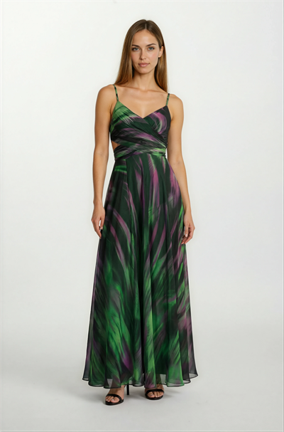 Raccosta V Yaka Yırtmaçlı Bel Yanlar Açık Uzun Abiye Elbise YEŞİL