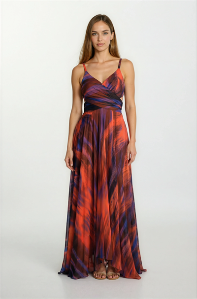 Raccosta V Yaka Yırtmaçlı Bel Yanlar Açık Uzun Abiye Elbise ORANJ