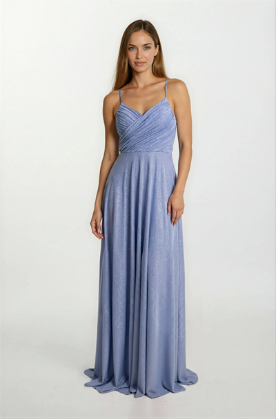 Rachelı İnce Askılı Sırt Çarpraz Bağlamalı Beli Açık Simli Yırtmaçlı Uzun Abiye Elbise MAVİ