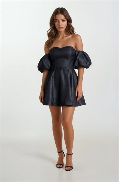 Rahmerı Straplez Kalp Yaka  Balon Kol Kısa Abiye Elbise SİYAH