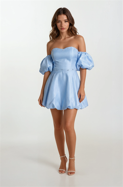Rahmerı Straplez Kalp Yaka  Balon Kol Kısa Abiye Elbise MAVİ