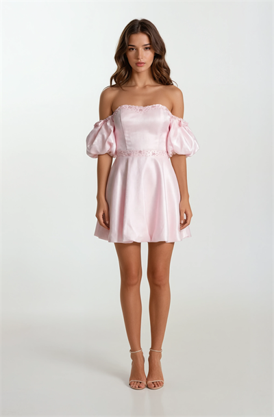 Rahmerı Straplez Kalp Yaka  Balon Kol Kısa Abiye Elbise PEMBE