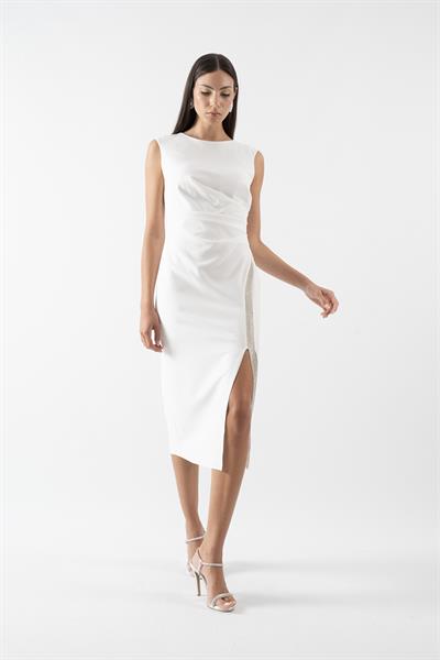 Rainwaterı Yuvarlak Yaka Kolsuz Yırtmaçlı Belden Aşağı Şerit Taş Aksesuar Detaylıı Kısa Abiye Elbise EKRU