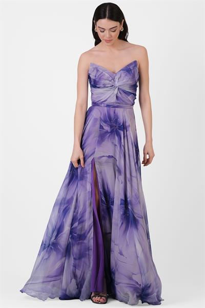 Randone Kedi Kulağı Straplez Önü Düğimlü Yırtmaçlı Uzun Abiye Elbise MOR