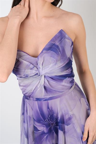 Randone Kedi Kulağı Straplez Önü Düğimlü Yırtmaçlı Uzun Abiye Elbise MOR