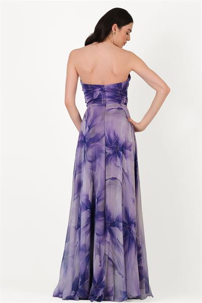 Randone Kedi Kulağı Straplez Önü Düğimlü Yırtmaçlı Uzun Abiye Elbise MOR