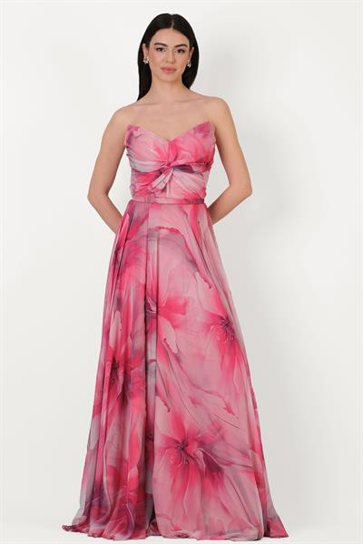 Randone Kedi Kulağı Straplez Önü Düğimlü Yırtmaçlı Uzun Abiye Elbise FUŞYA