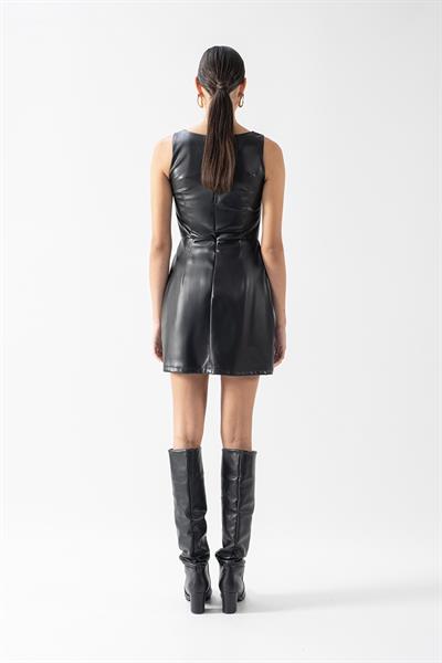Rascel Kolsuz Asimetrik Kesim Suni Deri Elbise SİYAH