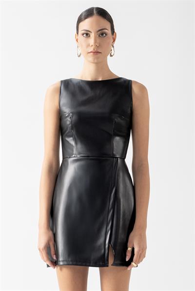 Rascel Kolsuz Asimetrik Kesim Suni Deri Elbise SİYAH