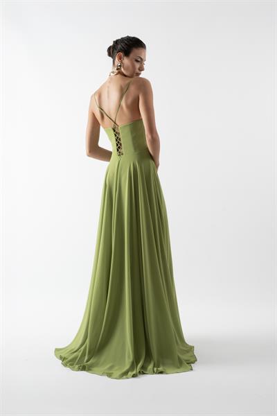 Recoing  Kuruvaze Drapeli İnce Askılı Yanı Volanlı Yırtmaçlı Uzun Abiye Elbise YEŞİL