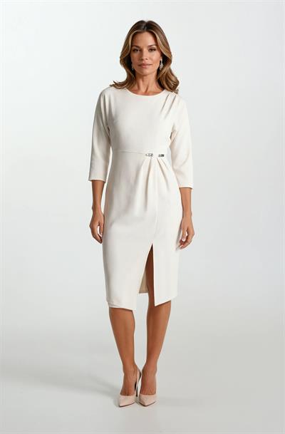 Rinalda Omuzda Pile Belinde İğne Detaylı Yırtmaçlı Elbise KREM