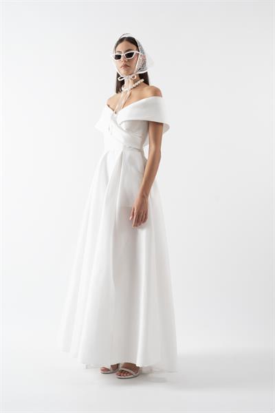 Rinetto Madonna Yaka Kloş Uzun Abiye Elbise BEYAZ