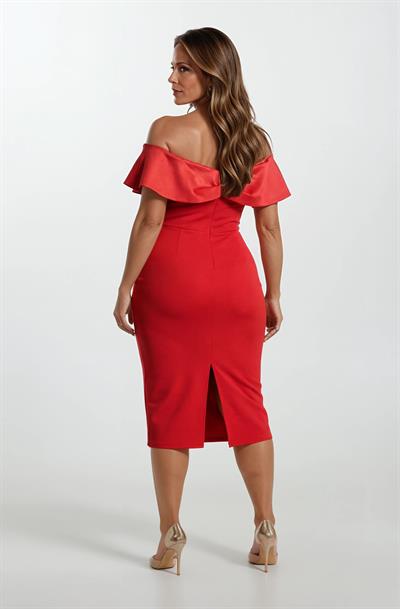 Ringer Kayık Yaka Kısa Abiye Elbise KIRMIZI
