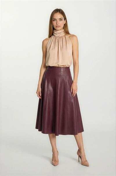 Rinuccia Altı Parça Kloş Deri Etek BORDO