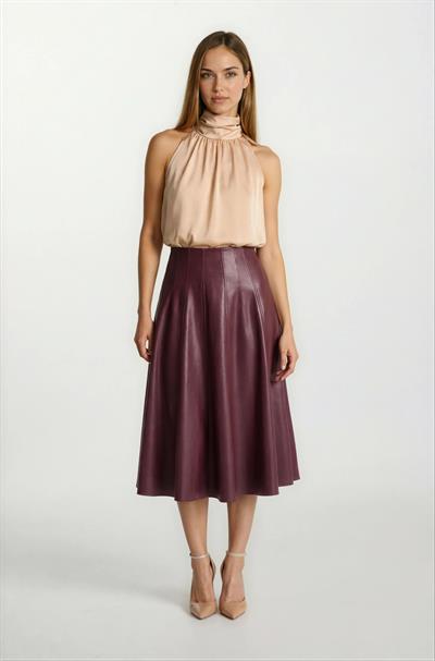 Rinuccia Altı Parça Kloş Deri Etek BORDO