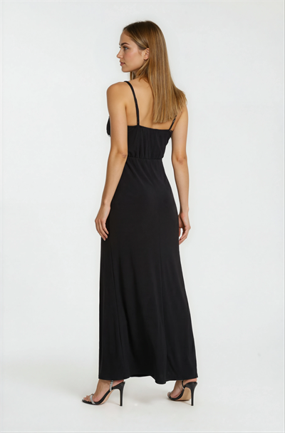 Robertson İnce Askılı V Yaka Göğüs Büzgülü Yırtmaçlı Uzun Abiye Elbise SİYAH