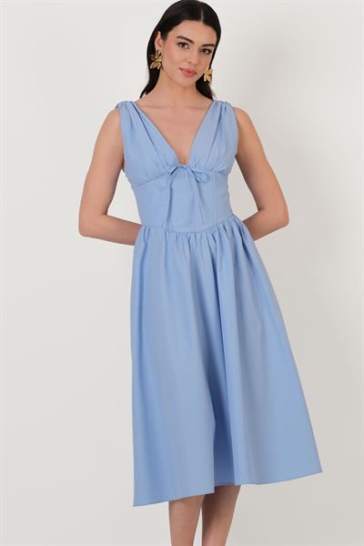 Rosselin Ön arka V Yaka Korsajlı Elbise MAVİ