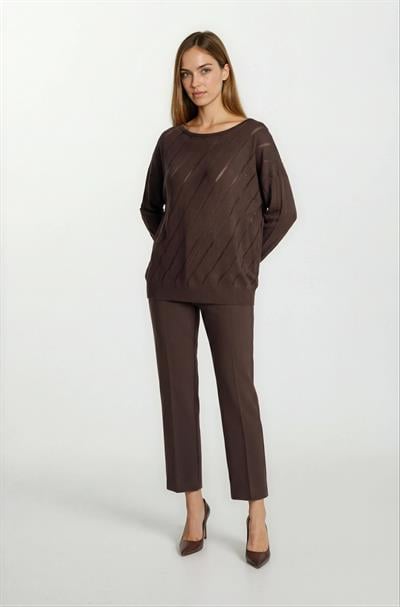 Rossovich Yuvarlak Yaka Transparan Çizgi Detaylı Triko KAHVE