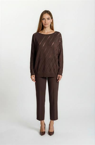 Rossovich Yuvarlak Yaka Transparan Çizgi Detaylı Triko KAHVE