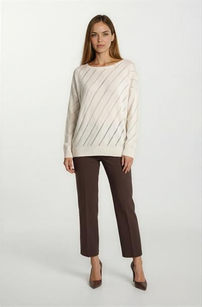 Rossovich Yuvarlak Yaka Transparan Çizgi Detaylı Triko BEJ