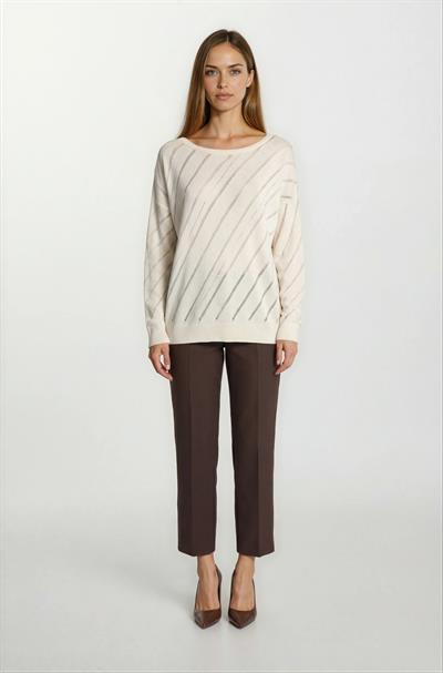 Rossovich Yuvarlak Yaka Transparan Çizgi Detaylı Triko BEJ