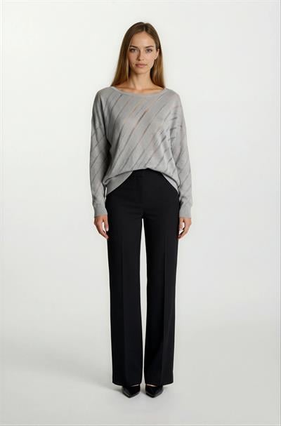 Rossovich Yuvarlak Yaka Transparan Çizgi Detaylı Triko GRİ