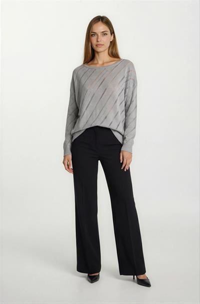 Rossovich Yuvarlak Yaka Transparan Çizgi Detaylı Triko GRİ