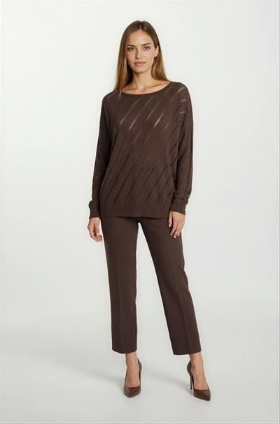Rossovich Yuvarlak Yaka Transparan Çizgi Detaylı Triko KAHVE