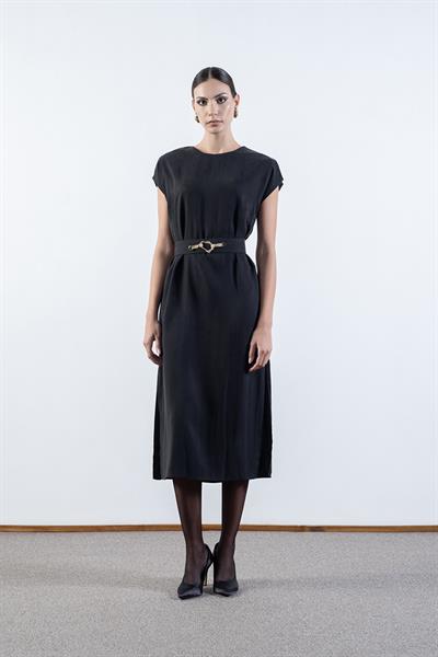 Rowland Bisiklet Yaka Yanları Omuzları Yırtmaçlı Kemerli Elbise SİYAH