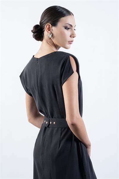 Rowland Bisiklet Yaka Yanları Omuzları Yırtmaçlı Kemerli Elbise SİYAH