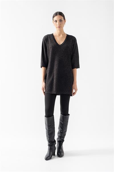 Rushing V Yaka Uzun Kol Yanı Yırtmaçlı Simli Triko SİYAH