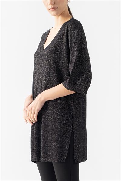 Rushing V Yaka Uzun Kol Yanı Yırtmaçlı Simli Triko SİYAH