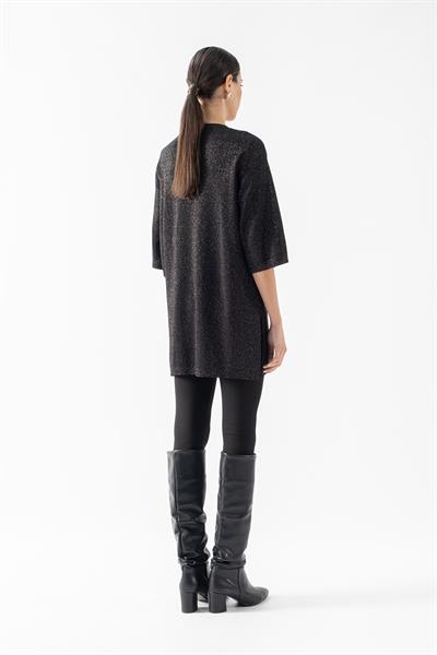 Rushing V Yaka Uzun Kol Yanı Yırtmaçlı Simli Triko SİYAH