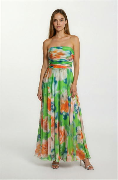 Safina İnce Askılı Göğüs Piliseli Straplez Yırtmaçlı Uzun Abiye Elbise YEŞİL