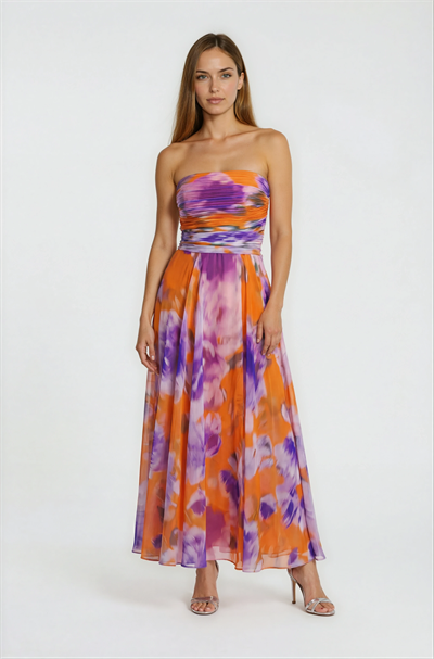 Safina İnce Askılı Göğüs Piliseli Straplez Yırtmaçlı Uzun Abiye Elbise ORANJ