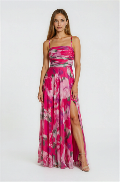Safina İnce Askılı Göğüs Piliseli Straplez Yırtmaçlı Uzun Abiye Elbise FUŞYA