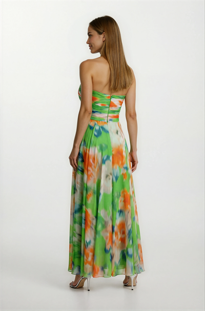 Safina İnce Askılı Göğüs Piliseli Straplez Yırtmaçlı Uzun Abiye Elbise YEŞİL