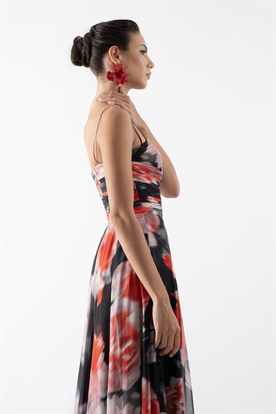 Safina İnce Askılı Göğüs Piliseli Straplez Yırtmaçlı Uzun Abiye Elbise SİYAH