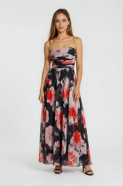 Safina İnce Askılı Göğüs Piliseli Straplez Yırtmaçlı Uzun Abiye Elbise SİYAH