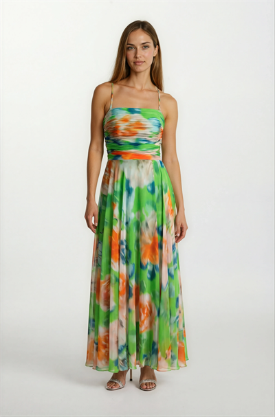 Safina İnce Askılı Göğüs Piliseli Straplez Yırtmaçlı Uzun Abiye Elbise YEŞİL