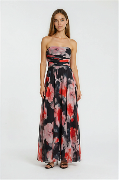 Safina İnce Askılı Göğüs Piliseli Straplez Yırtmaçlı Uzun Abiye Elbise SİYAH