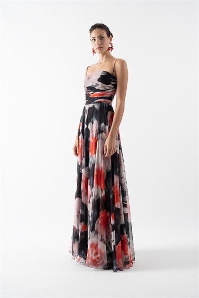 Safina İnce Askılı Göğüs Piliseli Straplez Yırtmaçlı Uzun Abiye Elbise SİYAH