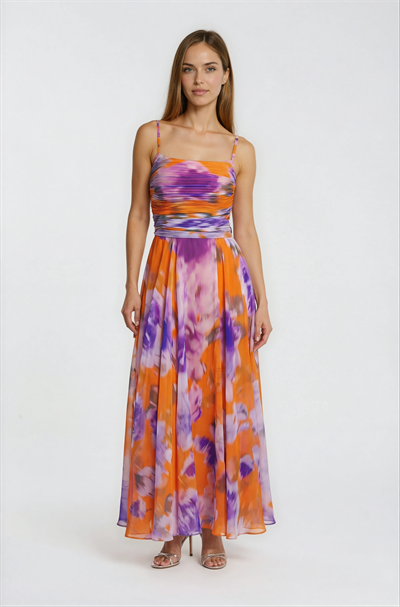Safina İnce Askılı Göğüs Piliseli Straplez Yırtmaçlı Uzun Abiye Elbise ORANJ