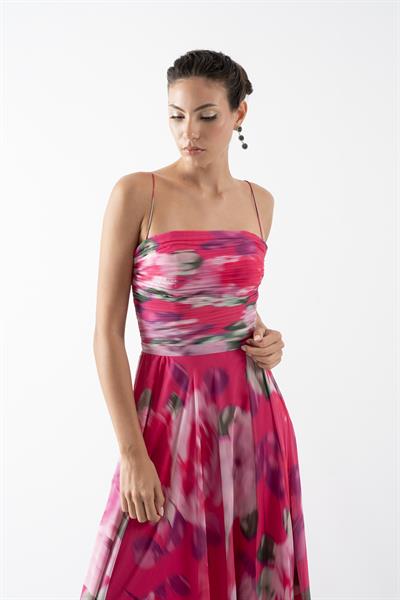 Safina İnce Askılı Göğüs Piliseli Straplez Yırtmaçlı Uzun Abiye Elbise FUŞYA