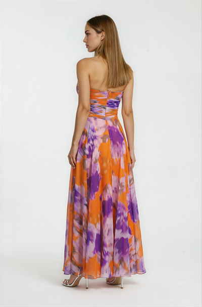 Safina İnce Askılı Göğüs Piliseli Straplez Yırtmaçlı Uzun Abiye Elbise ORANJ