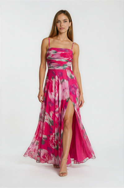 Safina İnce Askılı Göğüs Piliseli Straplez Yırtmaçlı Uzun Abiye Elbise FUŞYA