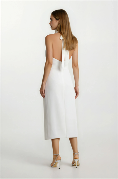 Sagnier Degaje Yaka Boyundan Bağlamalı Asimetrik Etek Midi Abiye Elbise EKRU
