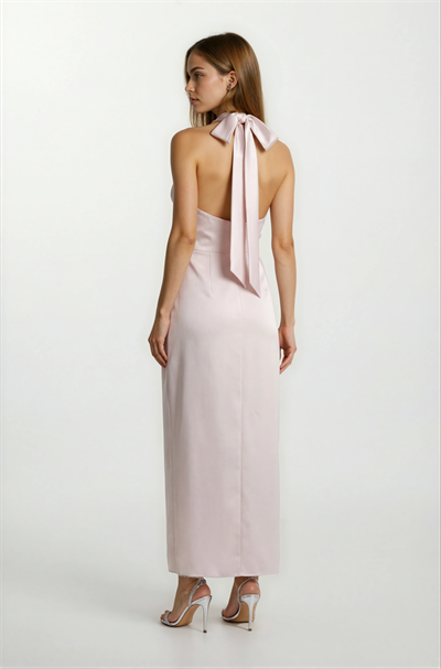 Sagnier Degaje Yaka Boyundan Bağlamalı Asimetrik Etek Midi Abiye Elbise PUDRA