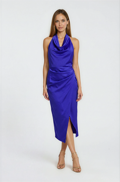 Sagnier Degaje Yaka Boyundan Bağlamalı Asimetrik Etek Midi Abiye Elbise SAKS